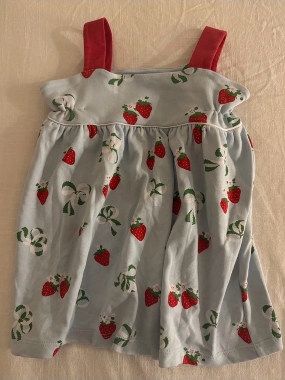 The Beaufort Bonnet Company Light Blue Strawberry Print Dress with Red Straps